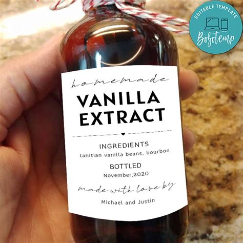 Homemade Vanilla Extract Label Template - Printable Gift Sticker, Personalize Custom Editable